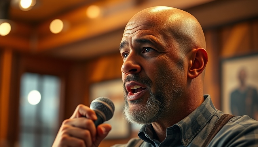 Confident man speaking into a microphone with a warm wooden background.