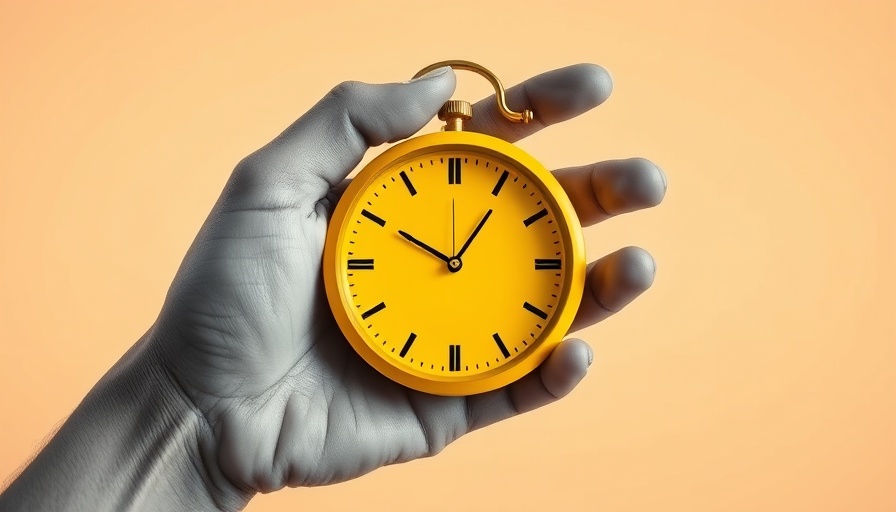 Minimalist hand holding a yellow clock, AI Social Media Content Creation Tools 2025