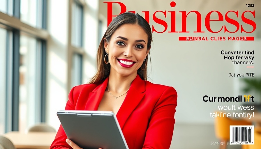 Confident woman in red on business magazine cover, Building Quietly Veterinary Practices.