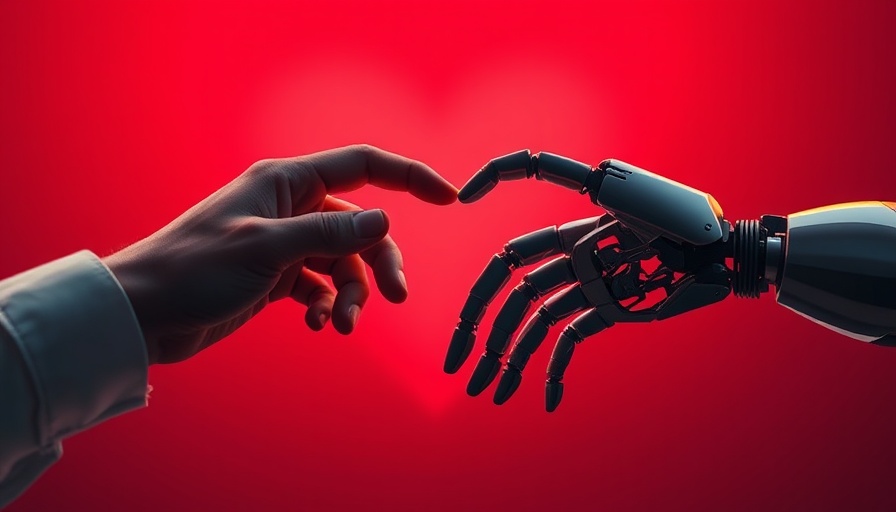 Human and robot hands reaching in heart-shaped gradient, emotional intelligence in robots.