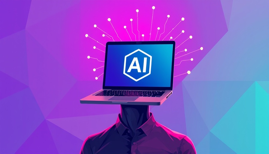 Surreal image of AI agent concept with laptop head on geometric background.