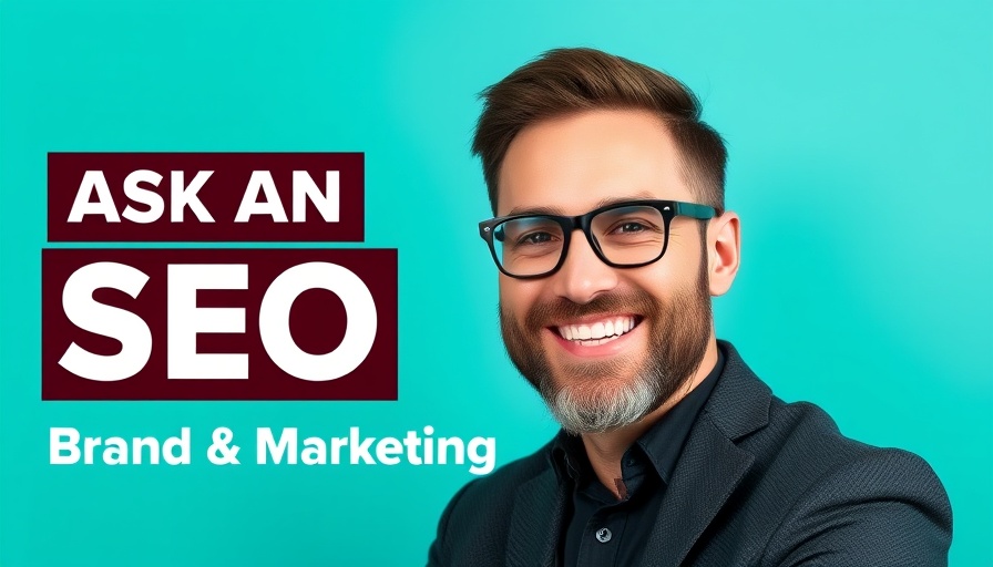 SEO branding graphic featuring a confident professional on teal background.