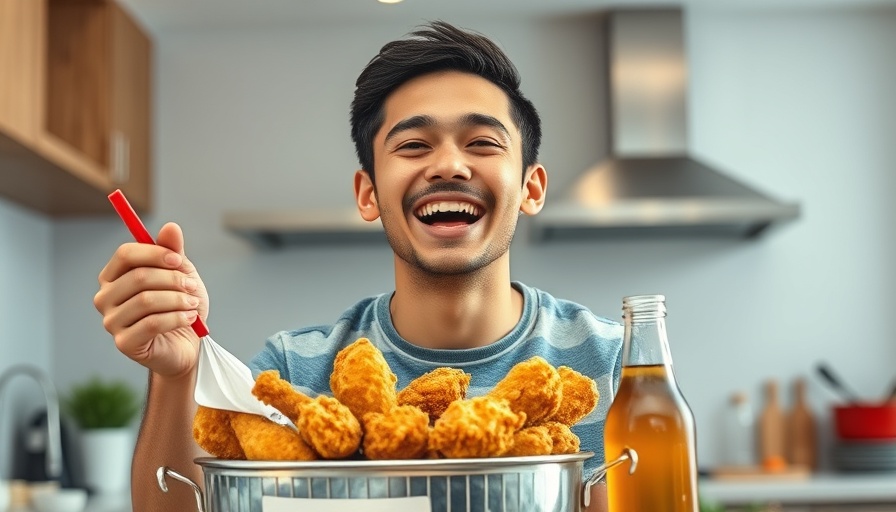 Young man showing enthusiasm with fried chicken bucket, medspa marketing concept.