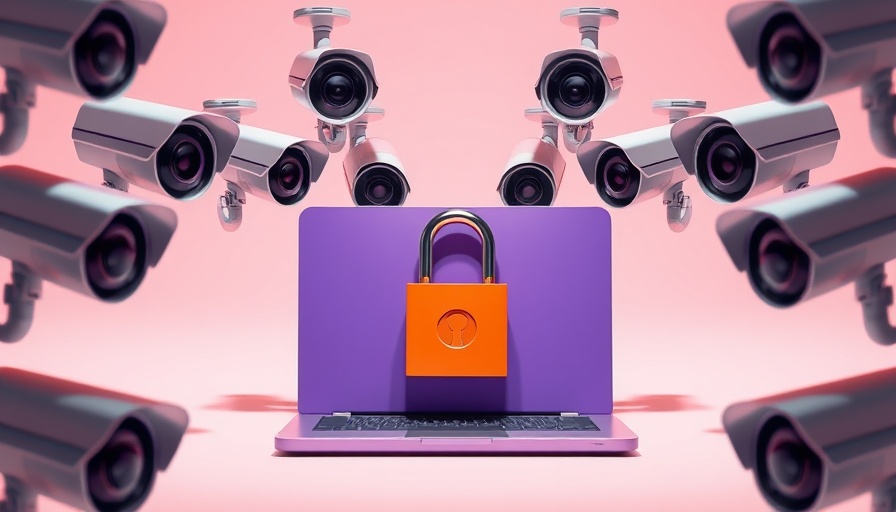 Cybersecurity concept with cameras and padlock on laptop.