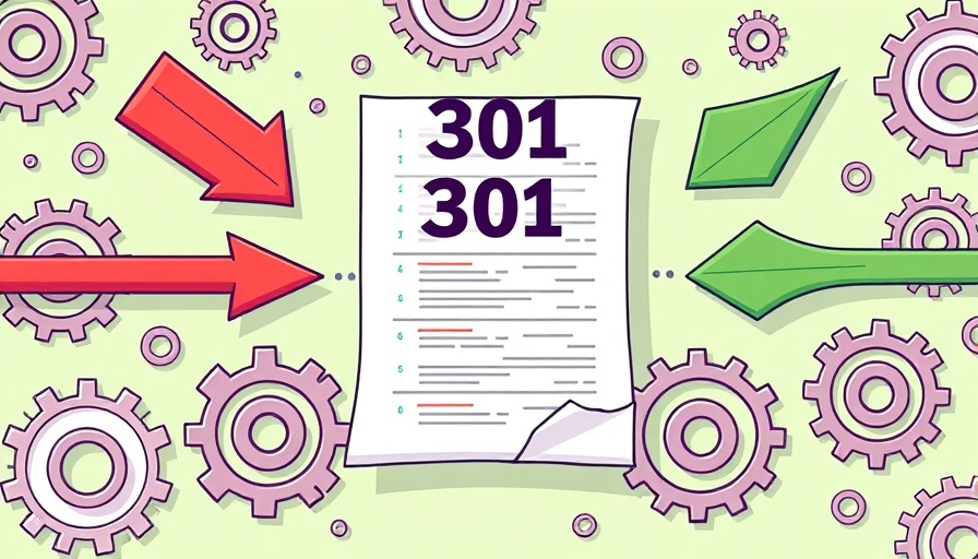 Illustration of using LLMs for 301 redirects with arrows and gears.