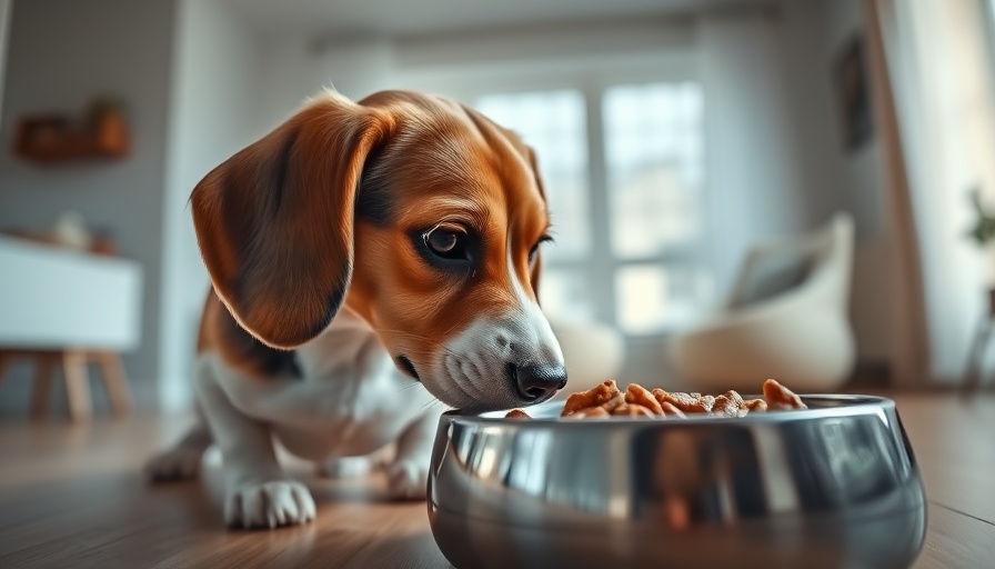 Beagle eating in allergy diet trial setting.