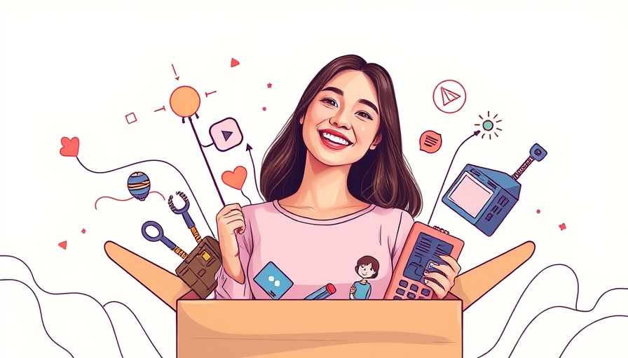 Cheerful young woman with illustrated AI tools, marketing agency theme.