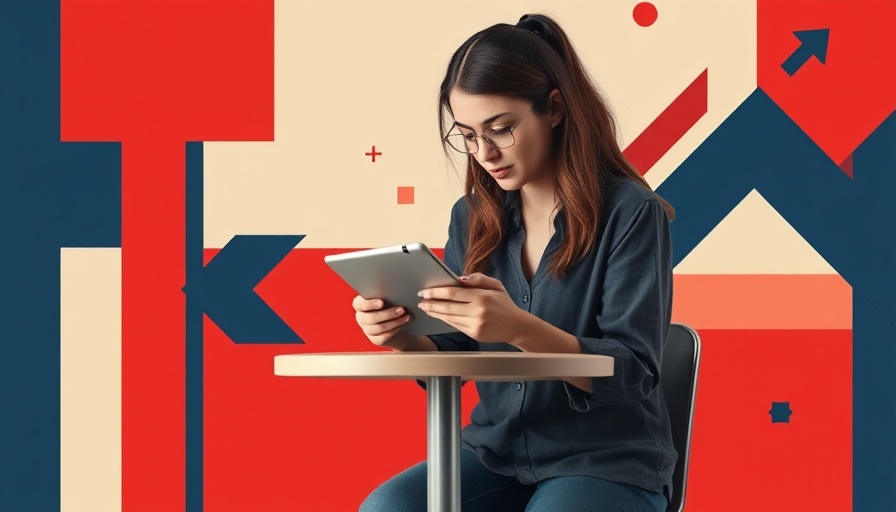 Focused woman using a tablet in a digital collage for generative engine optimization.