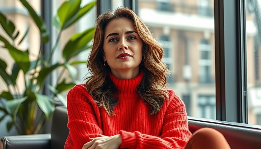 Stylish woman in red sweater on magazine cover, AI video generator for business presentations.