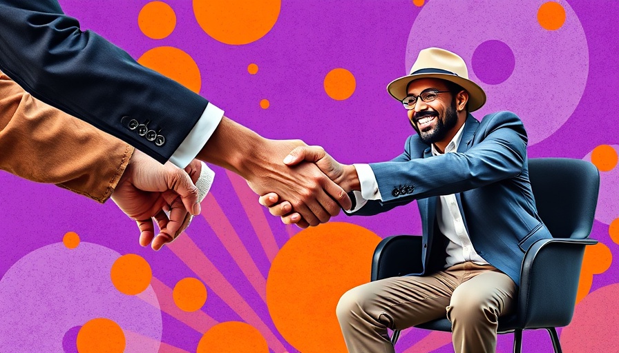 Diverse handshake and smiling man on abstract background, building community theme.