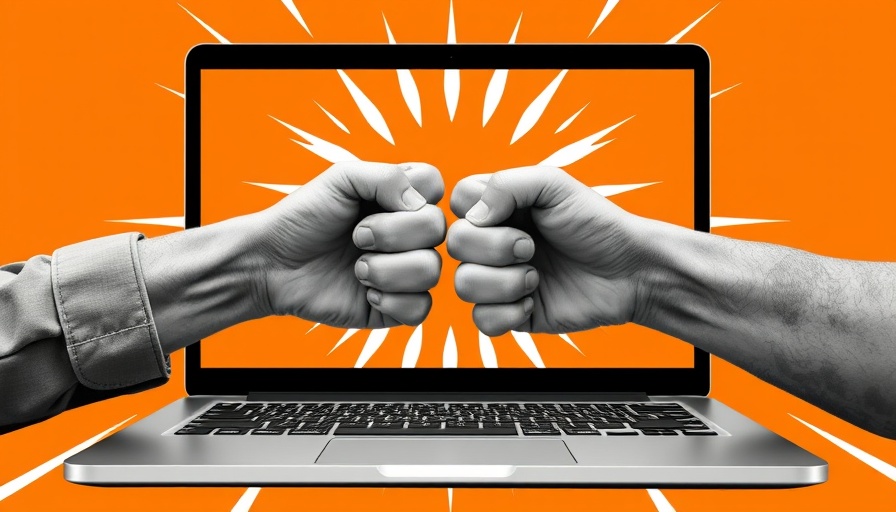 Fist bump through laptop screen, symbolizing AI workflows for veterinary marketing.