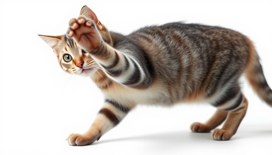 Playful striped gray cat reaching out, symbolizing behavioral wellness in pets.