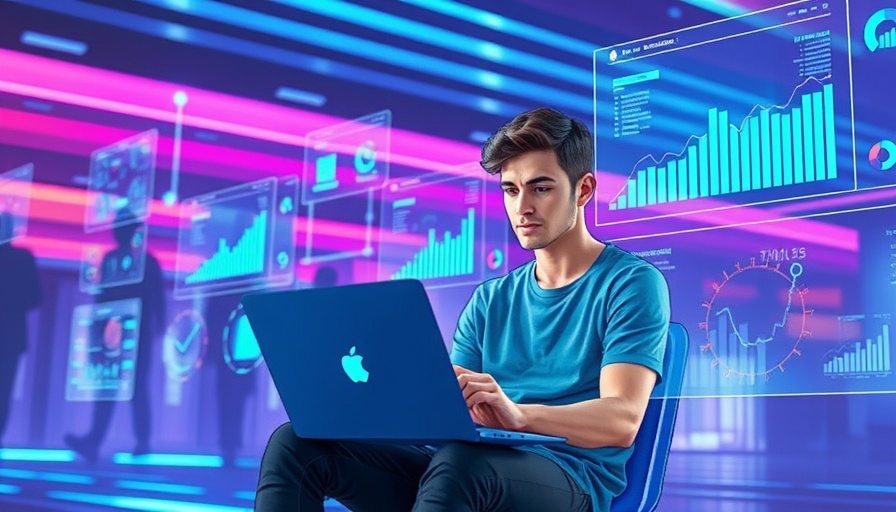 Illustration of a man using natural language access to analytics on a laptop.