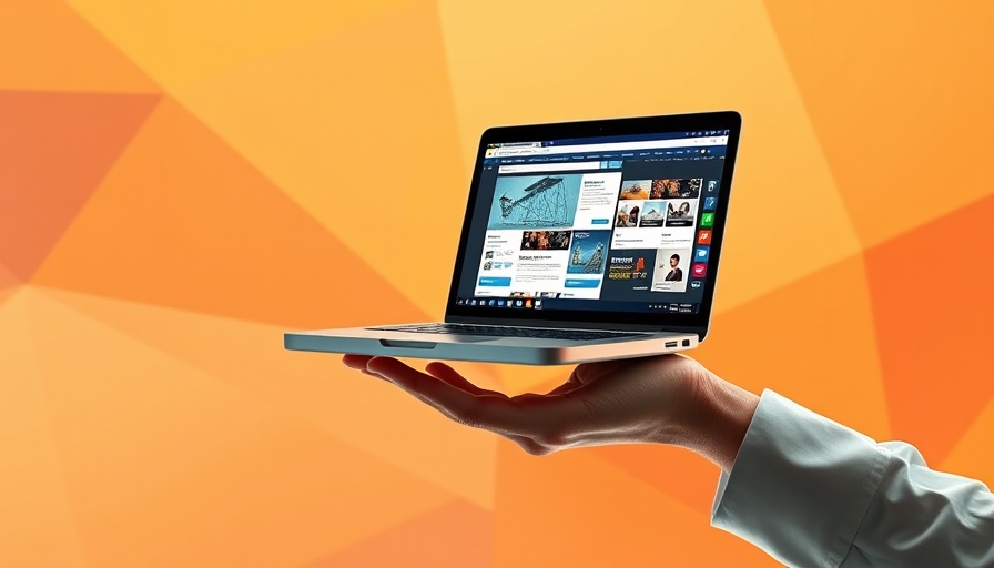 Abstract digital hand with laptop, showcasing web pages on geometric background.