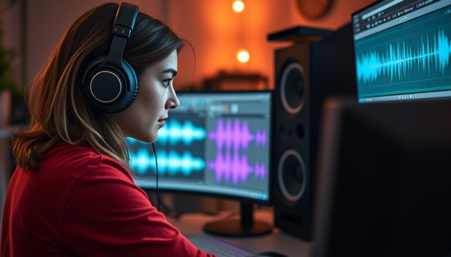 Young woman editing audio, listening with headphones in home office.