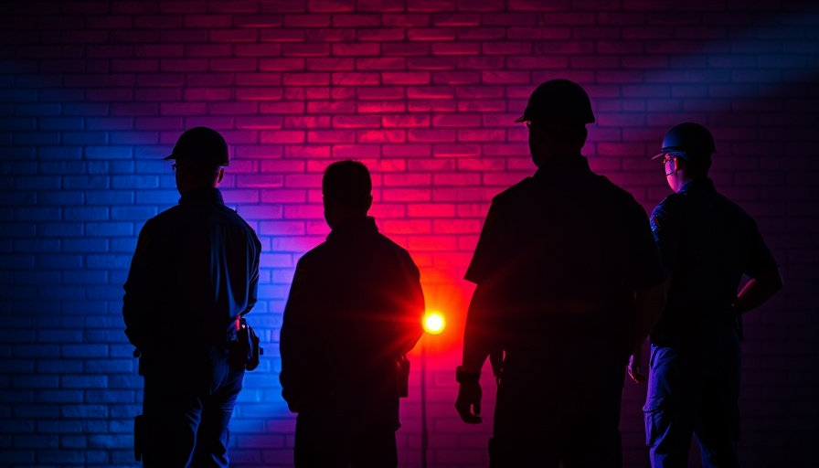 Law enforcement officers silhouetted against blue and orange lights.