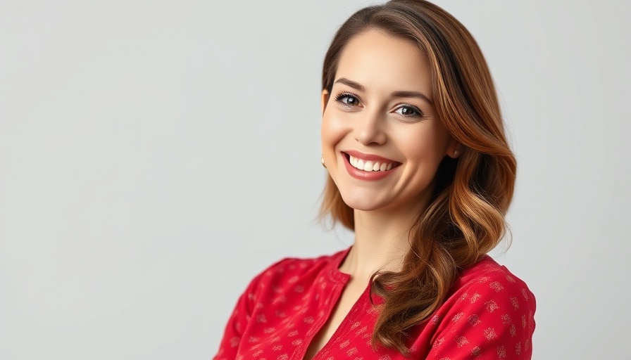 Smiling woman in red shirt, neutral background portrait