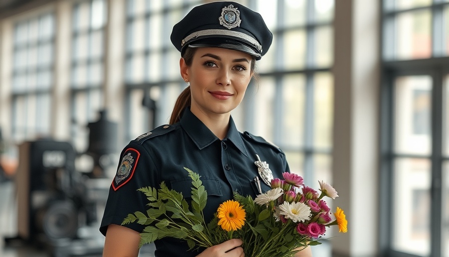 Officer safety focus with a female police officer holding flowers indoors