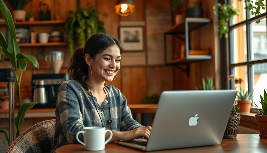Woman using laptop for social media management tools in a cozy cafe.