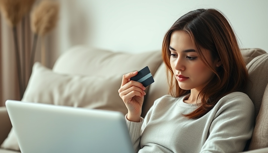 Young woman contemplating online purchase with a credit card on a laptop.