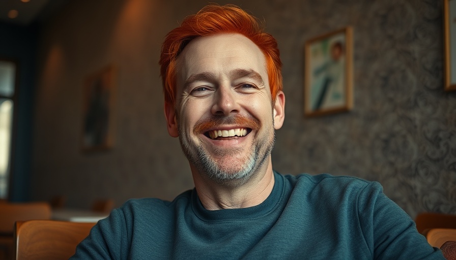 Portrait of a relaxed, tattooed man with red hair.