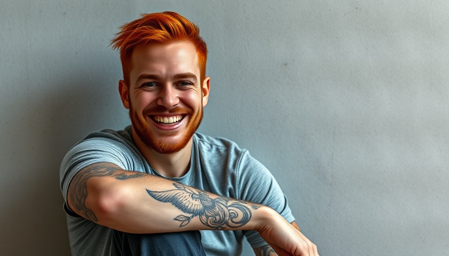 Man with red hair smiling with relaxed pose, tattoo visible.