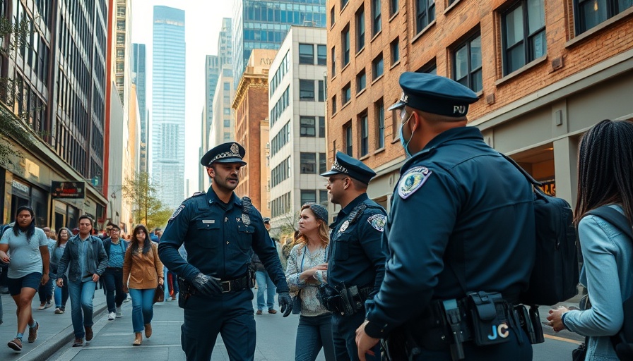 Urban police presence enhancing public safety.