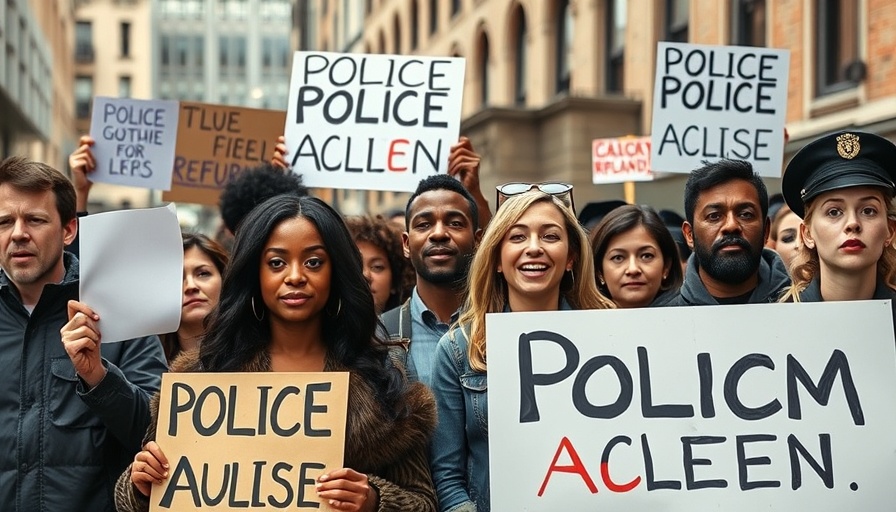Diverse protest advocating police reform on urban street.