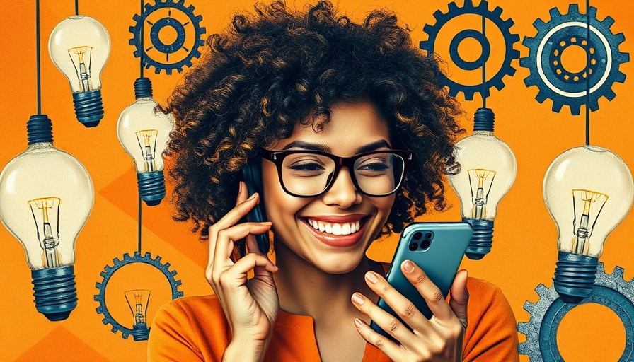 Collage of woman speaking into smartphone with gears and light bulbs, AI in digital marketing.