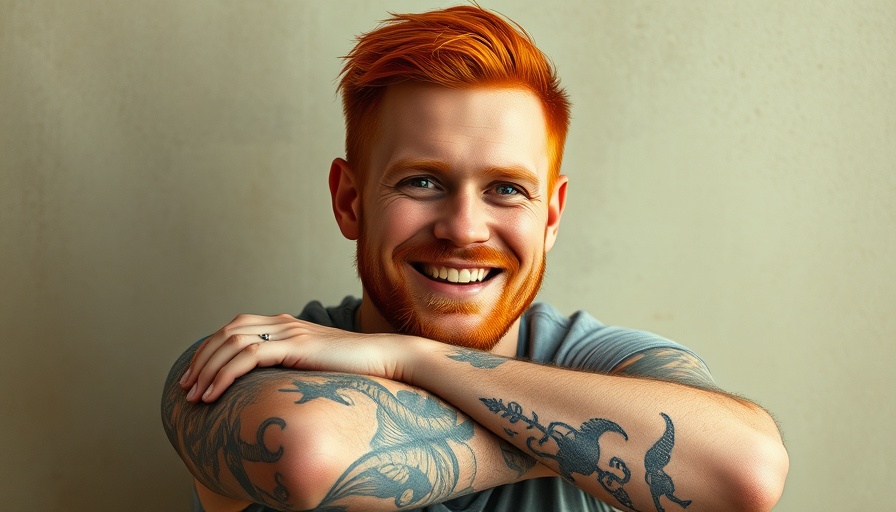 AI-Powered Fashion App: Red-haired man with tattoos smiling casually