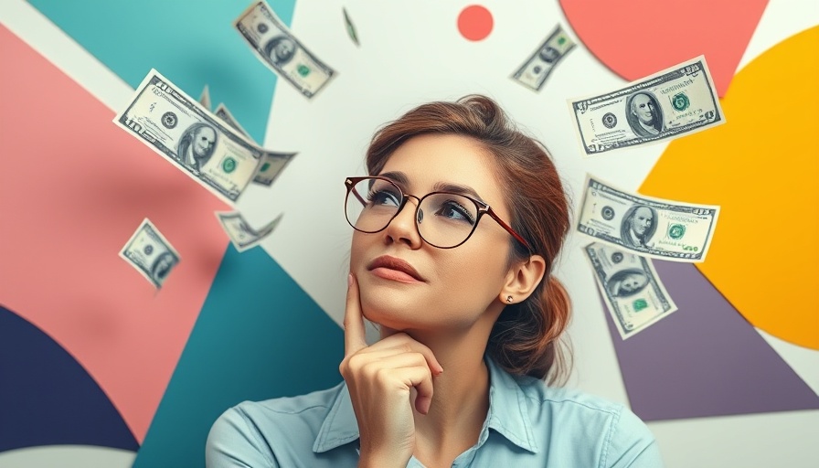 Woman pondering marketing to budget-conscious buyers with money floating around.