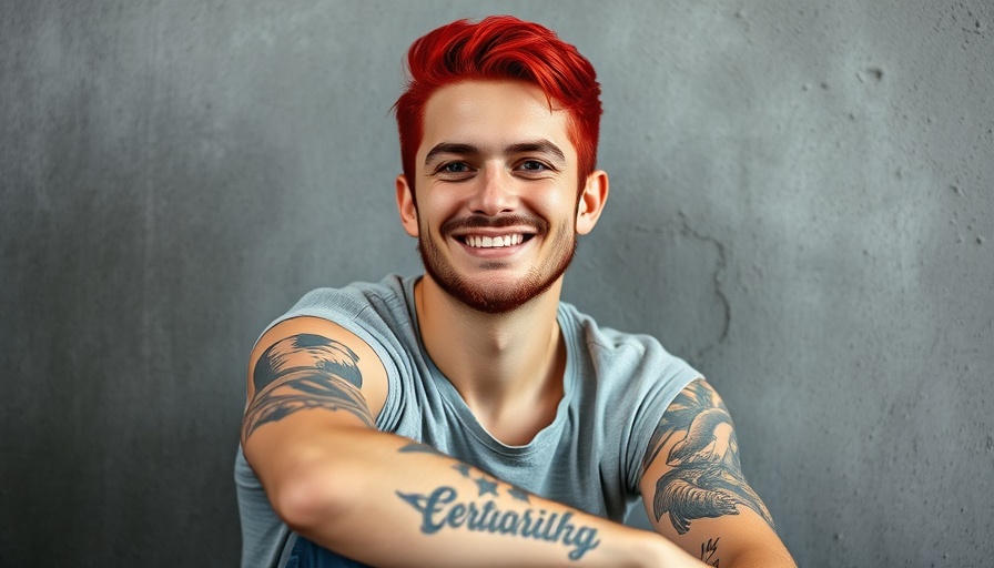 Colorful portrait of a smiling person with red hair and tattoos.