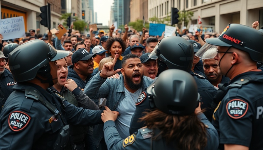 Police reform rally showing protestors and officers in urban street.