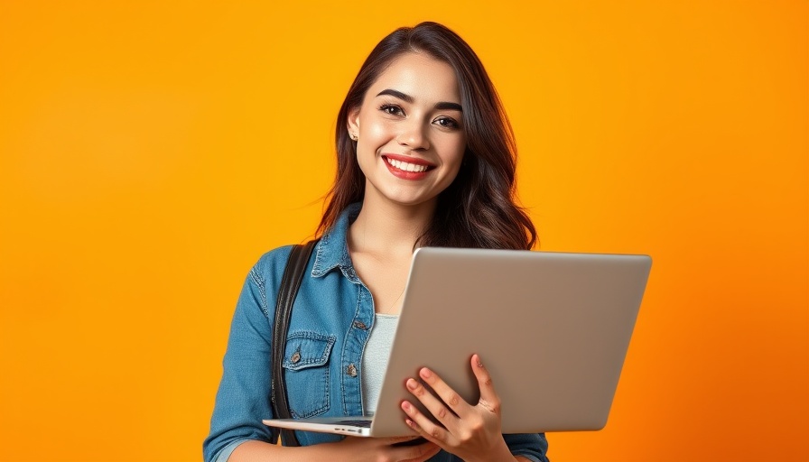 Woman with laptop on orange wall, SEO knowledge for MedSpa owners.