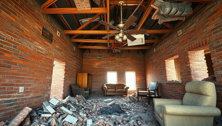 Tornado-damaged building interior during police response.