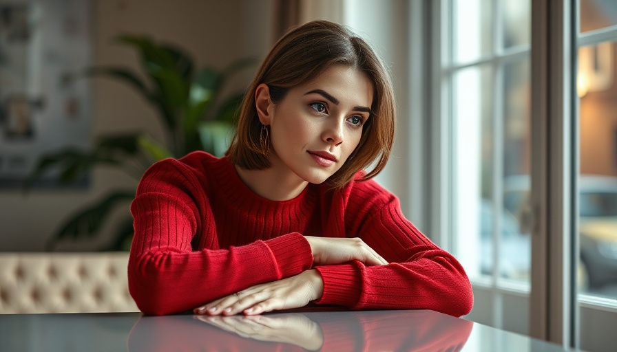 Elegant woman in red sweater in thoughtful pose, warm indoor setting