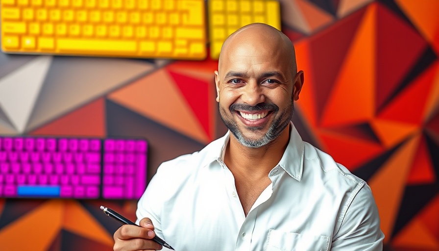 Smiling bald man with colorful keyboards and geometric background, brand building for startups.