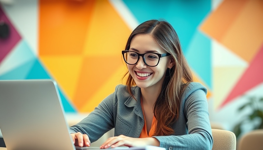 AI marketing campaigns: woman happily working on laptop amidst vibrant abstract shapes.