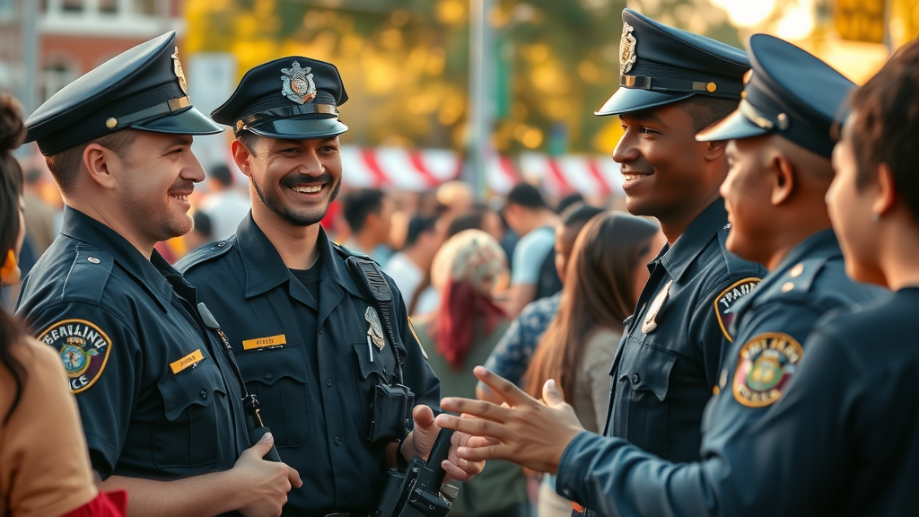 Police officers using community communication strategies engaging with local residents in a vibrant neighborhood
