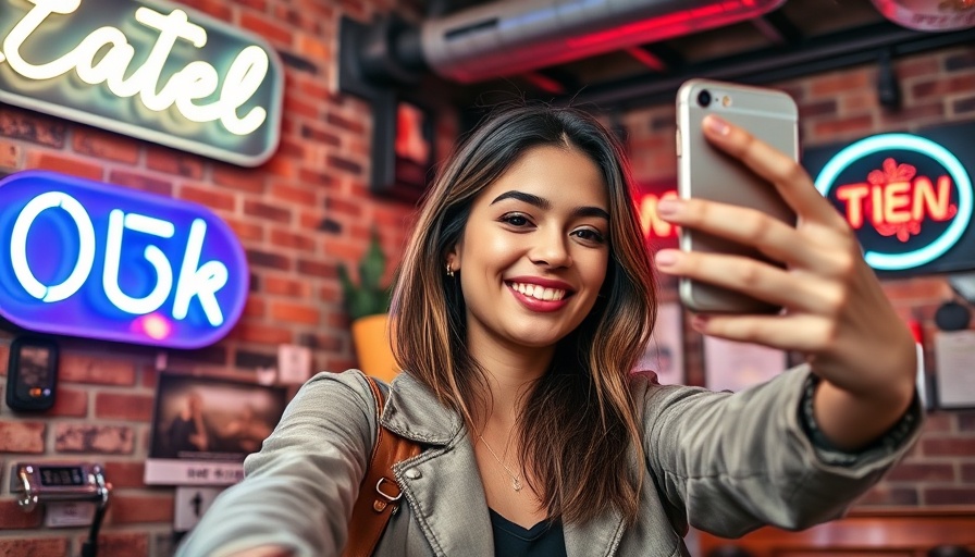 Trendy young woman taking a selfie in a neon-decorated room to Get More Followers on TikTok.