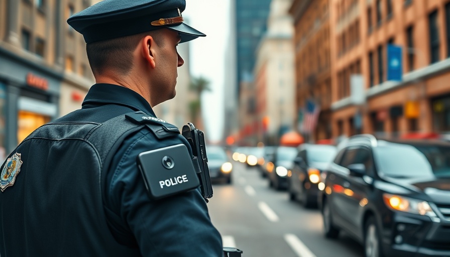 Police officer in city with body camera highlighting police reform