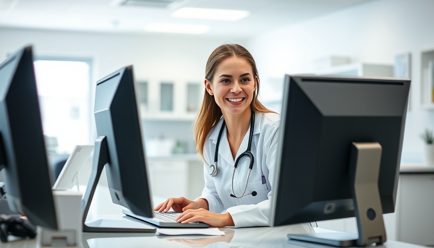 Veterinary receptionist using computer in clinic, representing merging innovation and compassion in veterinary practice.