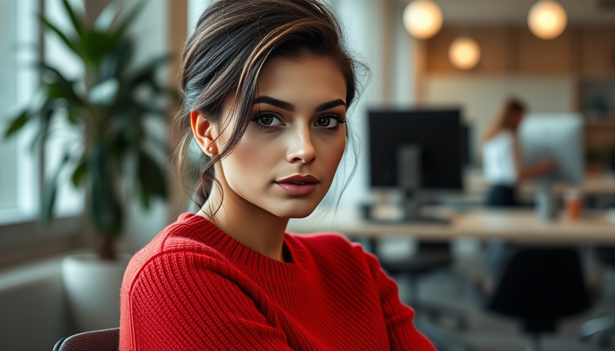 Modern office magazine cover, stylish woman posing confidently.