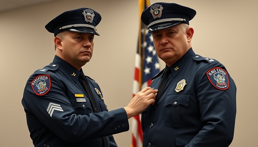 Police promotion ceremony with officers pinning a badge.