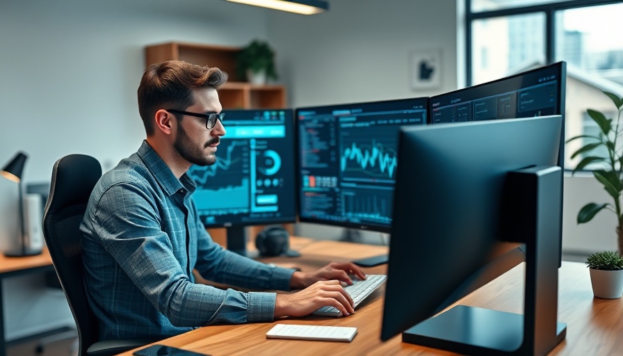 Tech professional analyzing social media engagement in 2025 on three monitors.