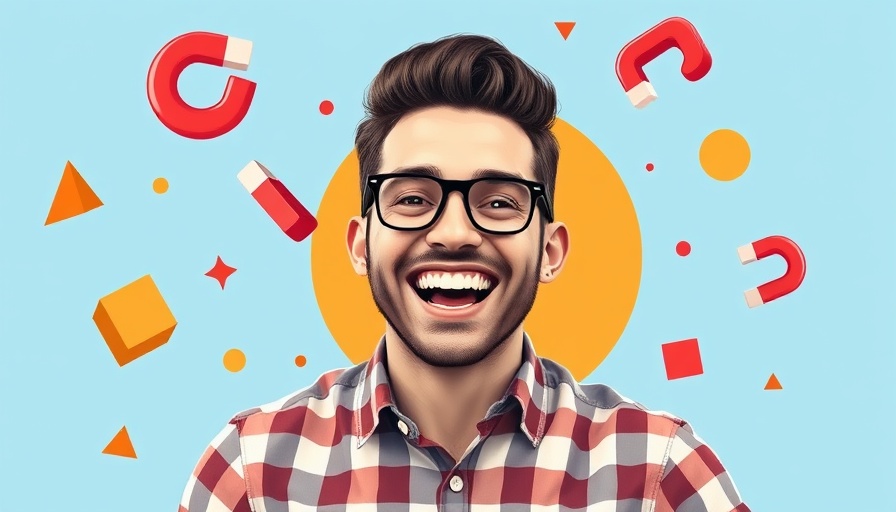 Cheerful man with abstract shapes; behavioral science marketing tips.
