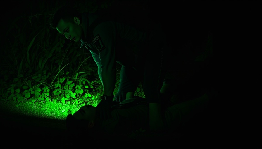 Police officers ensure colleague's safety in night operation.