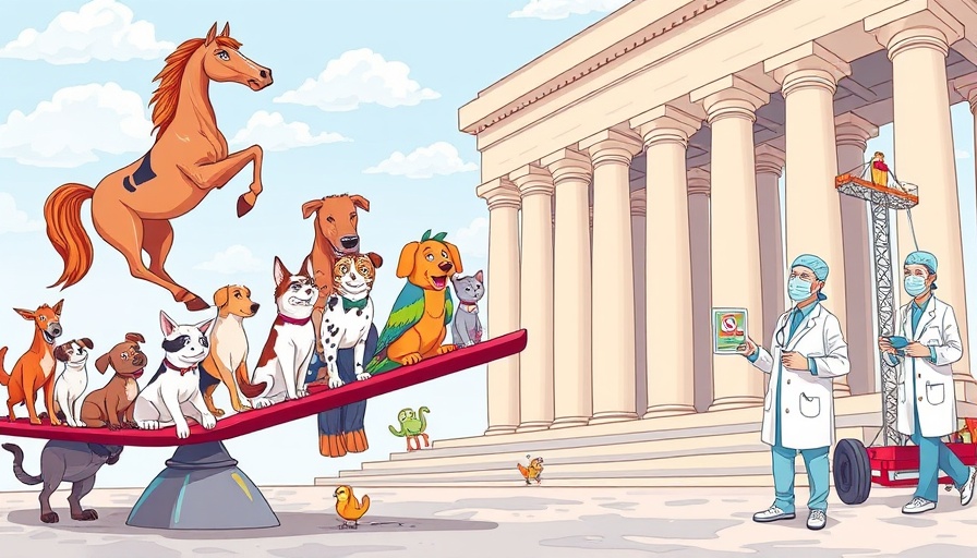 Illustration of animals and veterinarians balancing on a scale, Lincoln Memorial theme.