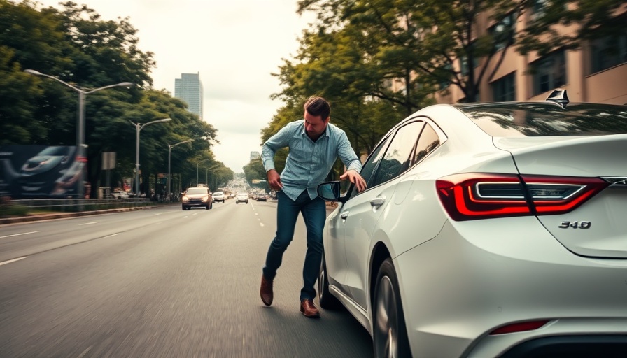 Urban scene with white car and person on the road, daylight setting.
