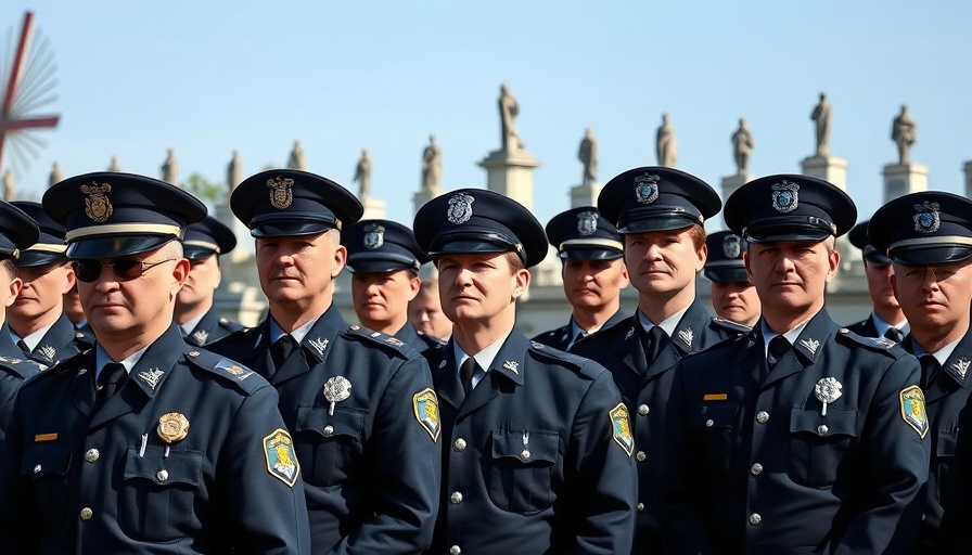 Police officers at memorial ceremony discussing technology in drug enforcement.